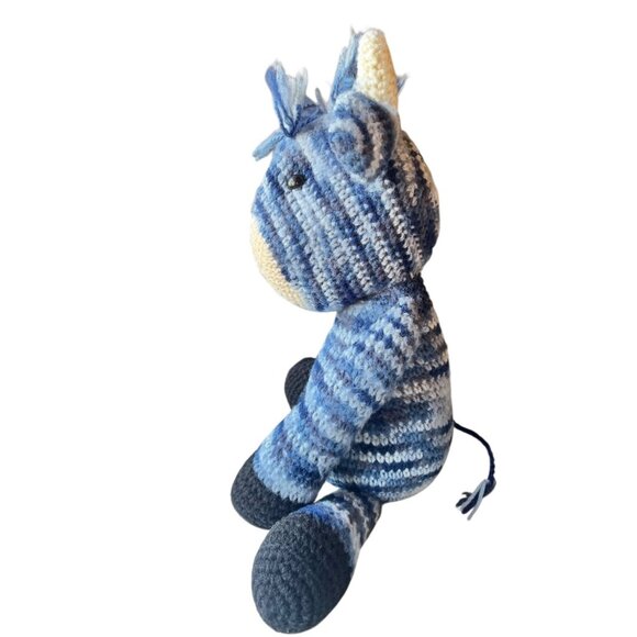 Hand Knitted Blue Striped Cow Toy Stuffed Animal Child’s Snuggle Gift - Picture 4 of 12